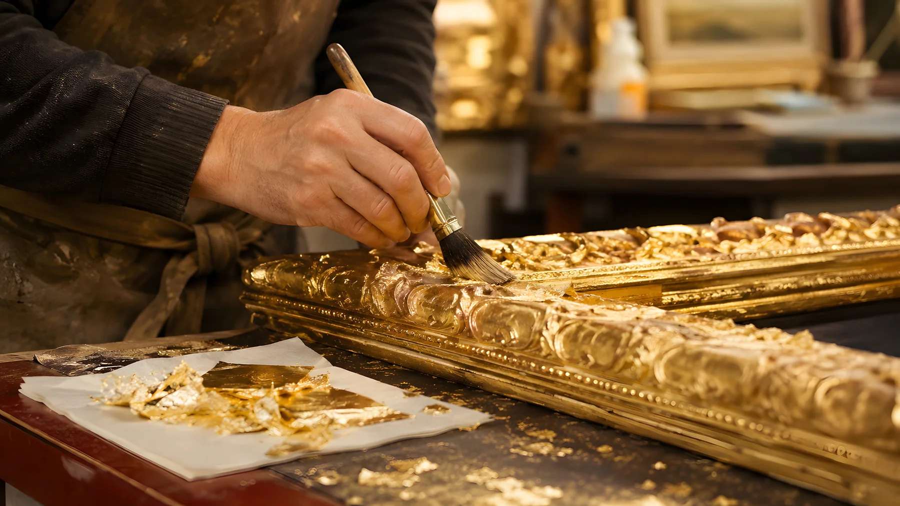 Pinselarbeit an einem goldenen Bilderrahmen – bereitgestelltes Bild